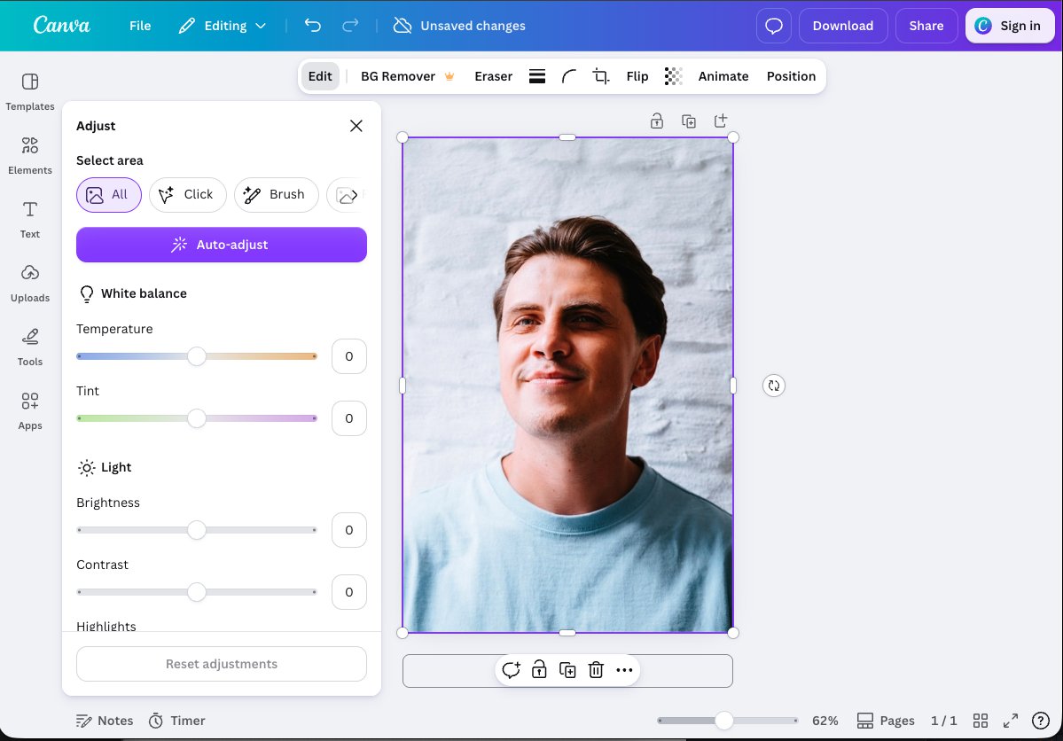 Editor de fotos online gratuito do Canva rodando em modo convidado