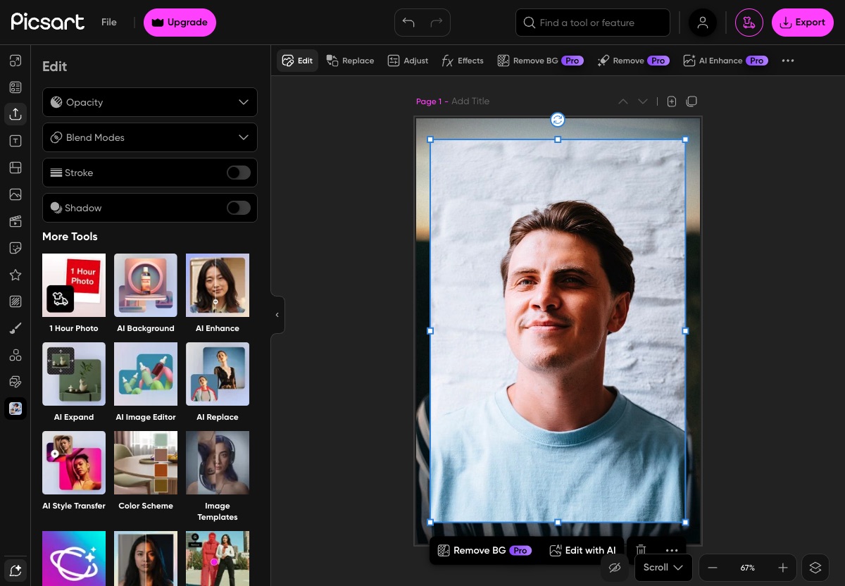 Painel de modos de mesclagem do Picsart, usado aqui para criar um efeito de dupla exposição