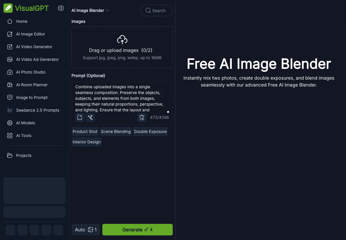 Interface do AI Image Blender do VisualGPT com presets de prompt