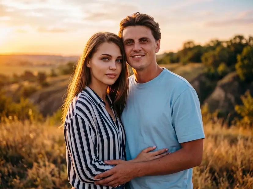 Foto de casal gerada por IA mesclando dois retratos na hora dourada