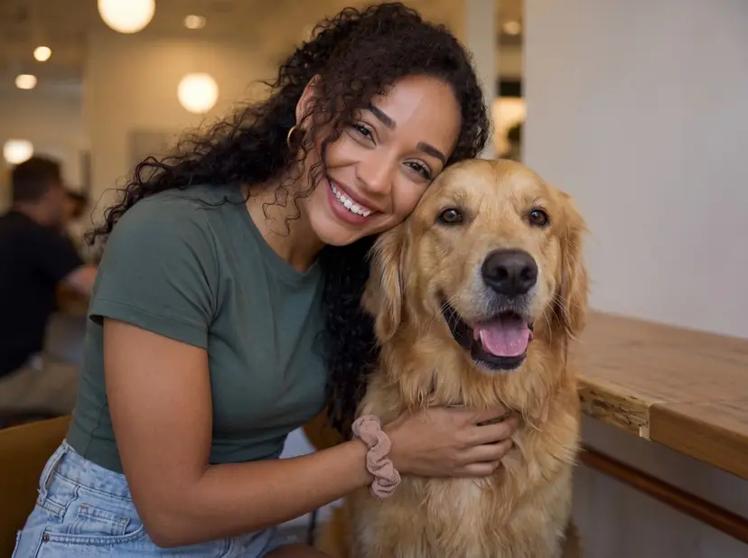 Mulher com seu golden retriever